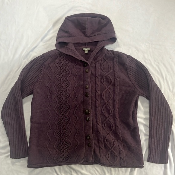 J. Jill Hooded Cable Knit Button Down Cardigan Sweater L Large Purple - Picture 1 of 10